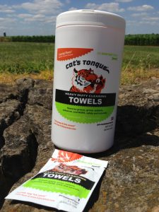Cat's Tongue Towels come individually packed for your jersey pocket or in a handy canister to use at home.