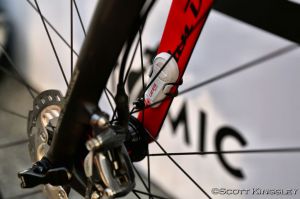 The Cateye pod tucks into the fork blade to measure speed and distance.  Photo by ScottKingsleyPhotography.com.