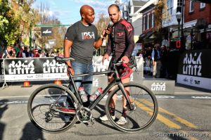 Joe Jackson interviewed Guillaume Nelessen after his second place finished, and made sure to point out he was riding a disc brake bike. Photo by ScottKingsleyPhotography.com.