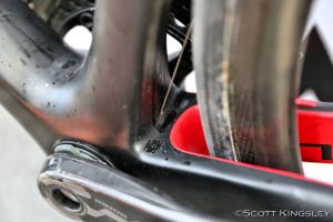 The internally routed front derailleur cable exits the back of the bottom bracket.  Photo by ScottKingsleyPhotography.com.